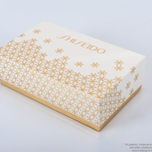 radient snowflake motifs on the box surface, luxury winter skincare gift set