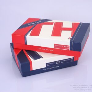Wavy line embossing, a bold contrast of red, blue, and white rectangular gift box